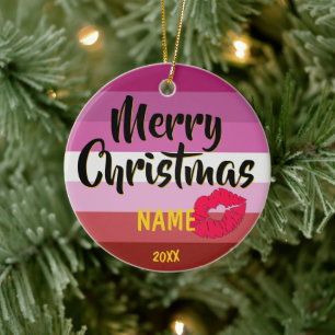 Lipstick Lesbische Flagge Personalisiert Weihnacht Keramik Ornament