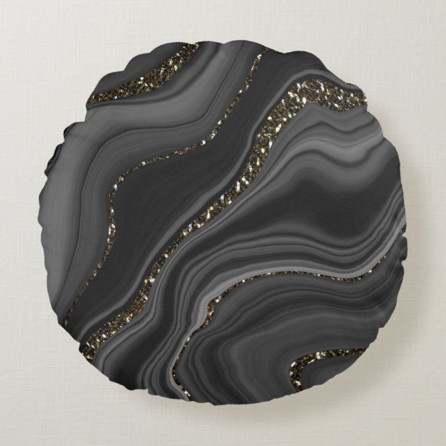 Liquid Black Gray White Agate Glitzer Traum Nr. 2 Rundes Kissen (Vorderseite)