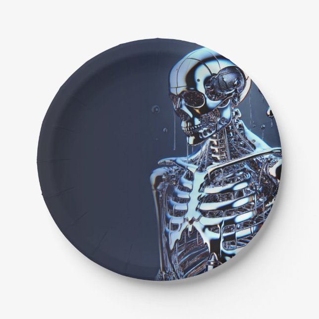 Liquid Chrome Silver Skeleton Robot Birthday Party Pappteller (Vorderseite)