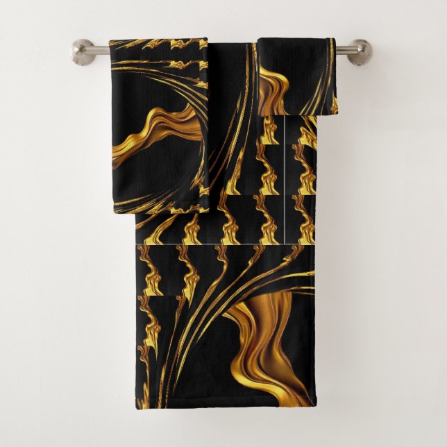 Liquid Gold Black Monochrome Opulent Swirl Achempo Badhandtuch Set (Insitu)