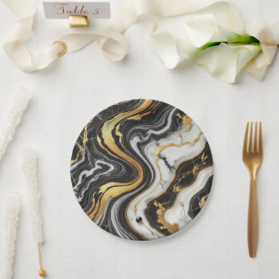 Liquid Gold Schwarz-weiß Marmor Look Glam Wedding Pappteller