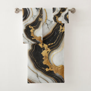 Liquid Gold Schwarz Weiß Marmor Optik Glamourös Badhandtuch Set