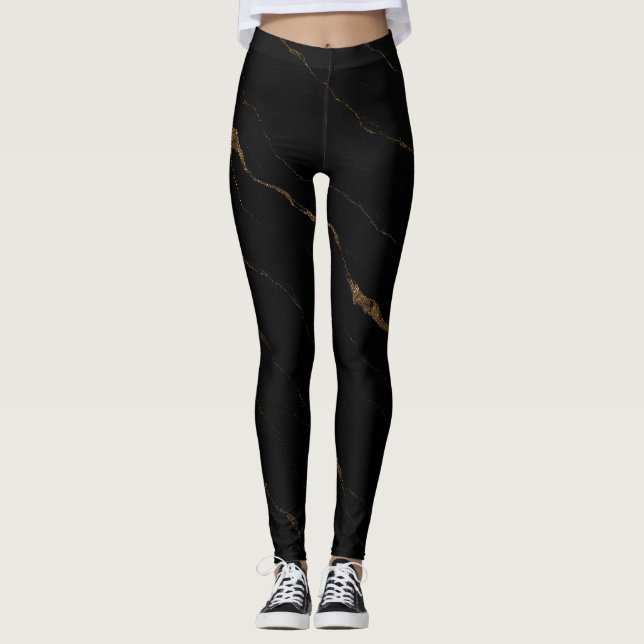 Liquid Marble Luxe Leggings – Schwarze & Goldene L (Vorderseite)