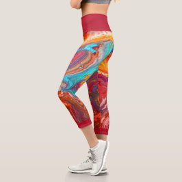 Liquid Paint Marbling Red Blue Multi Color Capri L Leggings