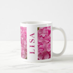 "Lisa" Name Spring Pink Hydrangea Blumenschrift Kaffeetasse