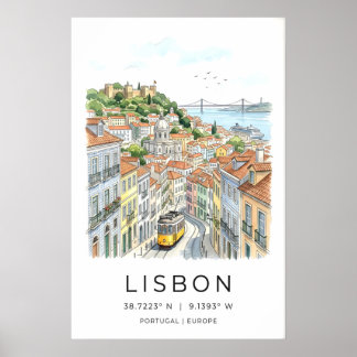 Lisbon City Art Print Yellow Tram, Tiled Streets Poster