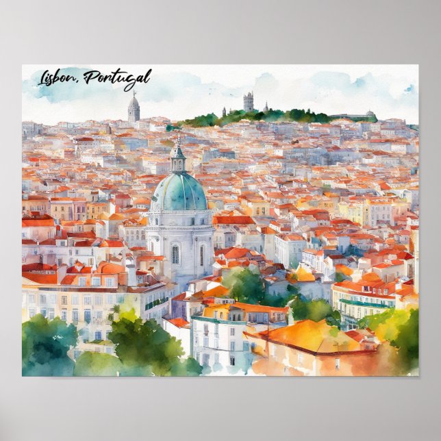 Lisbon Portgual Watercolor Panorama View City Poster (Vorne)
