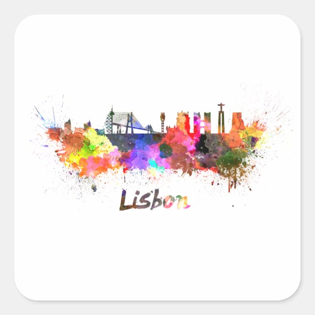 Lisbon skyline im Watercolor Quadratischer Aufkleber (Vorderseite)