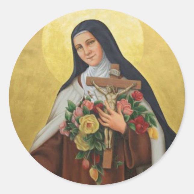 Lisieux-Therese mit Kruzifix/Rose-Aufkleber Runder Aufkleber (Vorderseite)