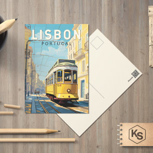 Lissabon Gelbe Straßenbahn Vintag Postkarte