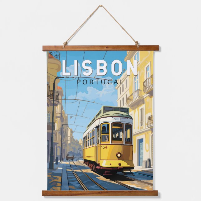 Lissabon Gelbe Straßenbahn Vintag Wandteppich Mit Holzrahmen (Vorderseite)