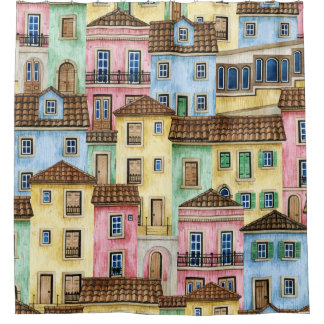 Lissabon-Häuser: Aquarellfarben-Muster. Duschvorhang