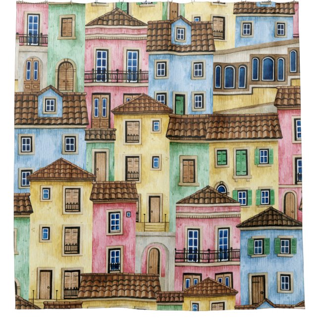 Lissabon-Häuser: Aquarellfarben-Muster. Duschvorhang (Vorderseite)