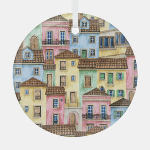 Lissabon Häuser: Wasserfarben Funikular Muster. Ornament Aus Glas