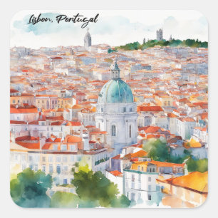 Lissabon Portugal Aquarell Panorama Ansicht Stadt Quadratischer Aufkleber