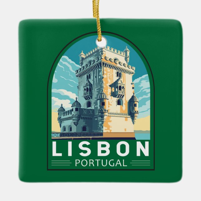 Lissabon Portugal Belem Tower Travel Retro Emblem Keramikornament (Vorderseite)