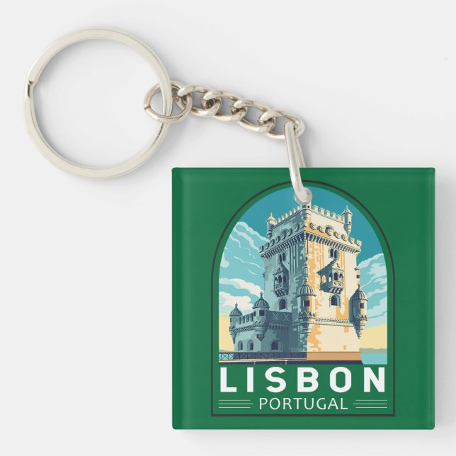 Lissabon Portugal Belem Tower Travel Retro Emblem Schlüsselanhänger (Vorderseite)