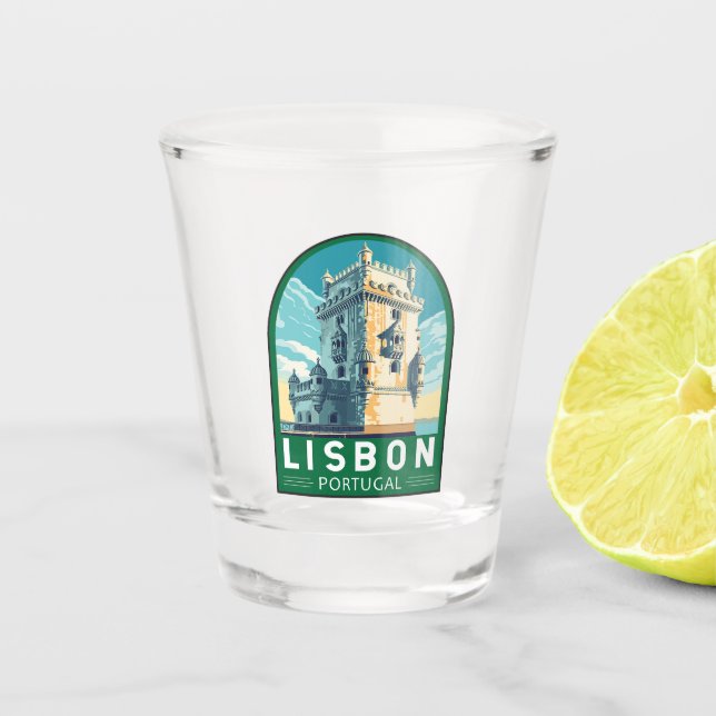 Lissabon Portugal Belem Tower Travel Retro Emblem Schnapsglas (Vorderseite)