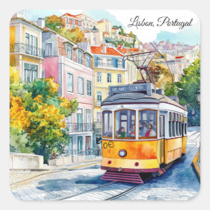 Lissabon Portugal Bunte Vintage Straßenbahn Szene Quadratischer Aufkleber