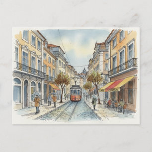 Lissabon Portugal Gelbe Straßenbahn auf der Straße Postkarte