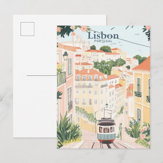 Lissabon Portugal Gouache Paint Illustration Trave Postkarte (Vorne/Hinten)