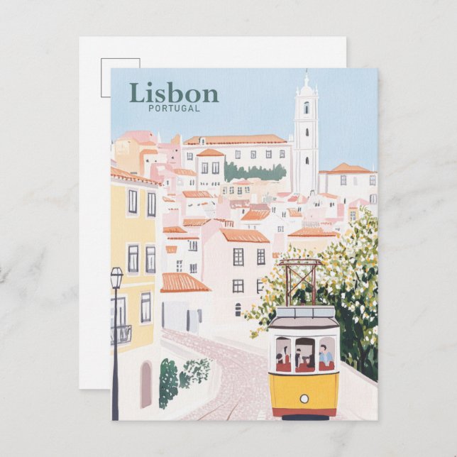 Lissabon Portugal Gouache Paint Illustration Trave Postkarte (Vorne/Hinten)