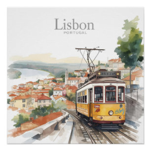 Lissabon Portugal Skyline - Vintage-Straßenbahn Re Poster