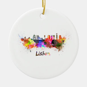 Lissabon Skyline in Aquarell Keramik Ornament