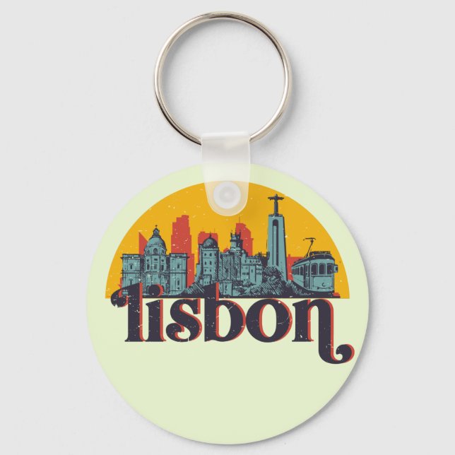 Lissabon Stadt Skyline Retro City Art Schlüsselanhänger (Vorderseite)