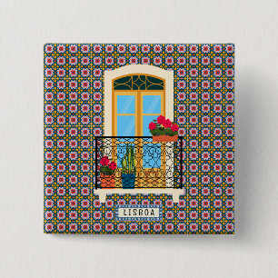 Lissaboner Hausfenster mit Pflanze und Fliesen Button