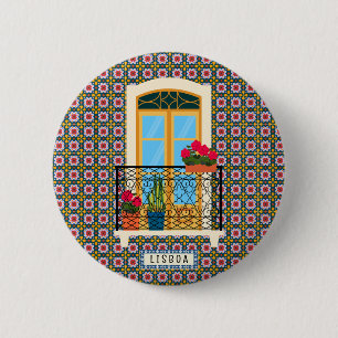 Lissaboner Hausfenster mit Pflanze und Fliesen Button