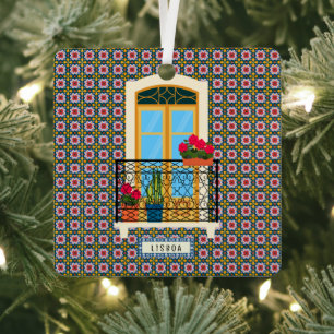 Lissaboner Hausfenster mit Pflanze und Fliesen Ornament Aus Metall