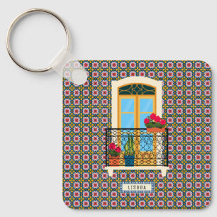 Lissaboner Hausfenster mit Pflanze und Fliesen Schlüsselanhänger