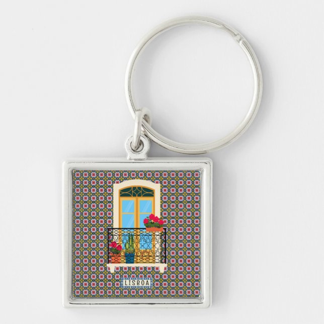 Lissaboner Hausfenster mit Pflanze und Fliesen Schlüsselanhänger (Vorne)