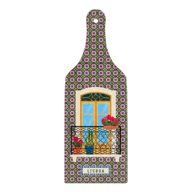 Lissaboner Hausfenster mit Pflanze und Fliesen Schneidebrett (Vorderseite)