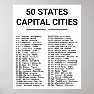 Liste der 50 Bundesstaaten und Hauptstädte - Einfa Poster