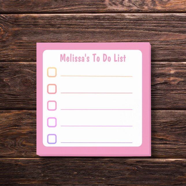 Liste mit rosa Verkleidung Post-it Klebezettel (Pink to do list with personalized name on sticky notes.)