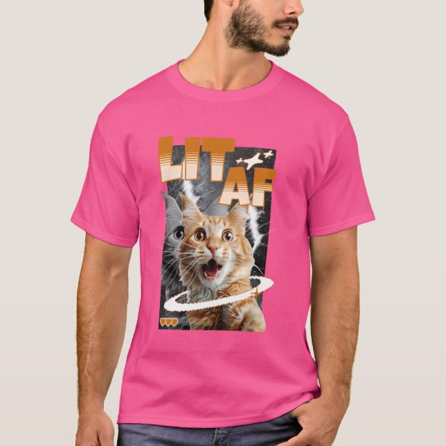 Lit Af Funny Cat Meme Face Y2K Galaxy Ästhetik T-Shirt (Vorderseite)