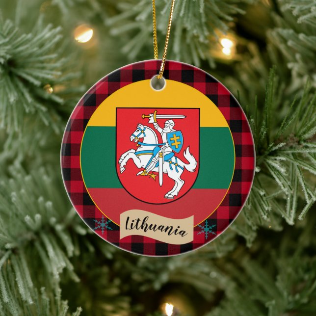 Litauen, Roter Büffel kariert und Litauische Flagg Keramik Ornament (Baum)