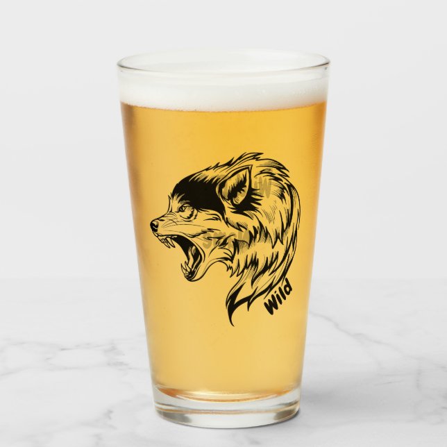Liter-Bierglas 16 Unze (Unze) - "Wolf-Wild " Glas (Vorne (Gefüllt))