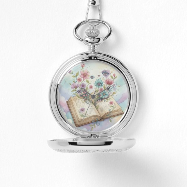 Literary Bloom: Open Book & Wildflower Psychedelic Armbanduhr (Vorderseite)