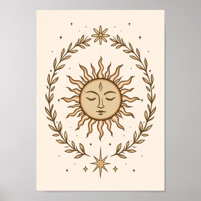 Litha Sun Face Botanical Wreath Celestial Art Poster (Vorne)
