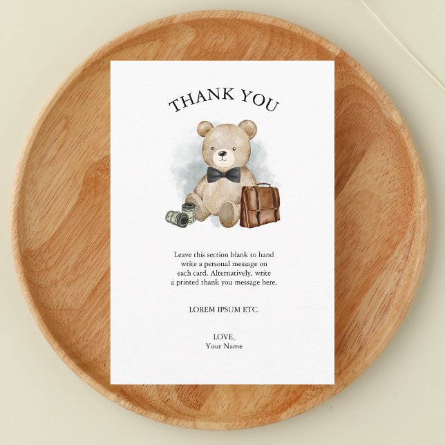 Litman Gentleman Baby Shower Teddy Bear Dankeskarte (Little Man is on The Way - Funny Boy Baby Shower Theme featuring Teddy Bear - Thank You Card)