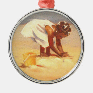 Little African Girl on Beach Silbernes Ornament