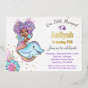 Little Afroamerican Mermaid Birthday Real Folieneinladung