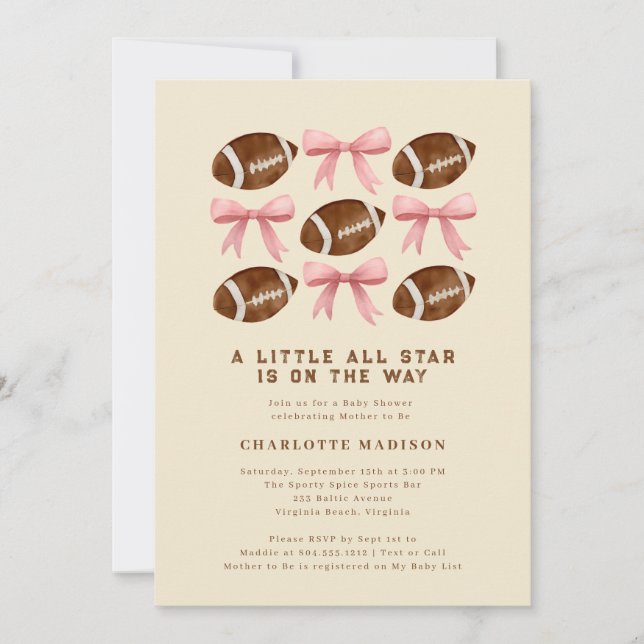 Little All Star Football and Bows Baby Shower Inv Einladung (Vorderseite)