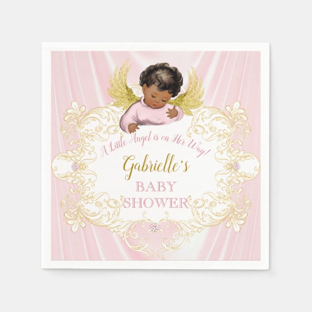 Little Angel Pink Gold Girl Afroamerikaner Serviette (Vorderseite)