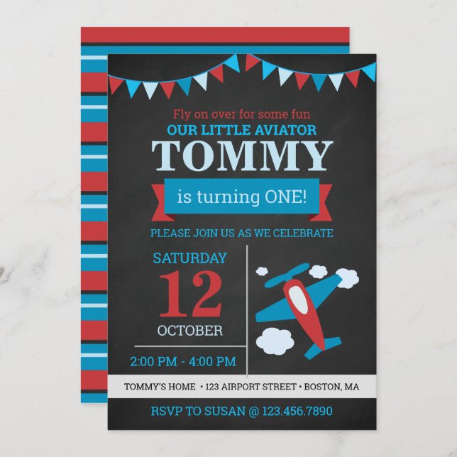 Little Aviator niedlicher Flugzeugabsturz Geburtst Einladung (Vorne/Hinten)