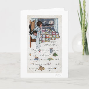 Little Awaken Girl Spies Santa and Sleigh Feiertagskarte