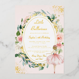 Little Ballerina Gold Floral Kindergeburtstag Folieneinladung